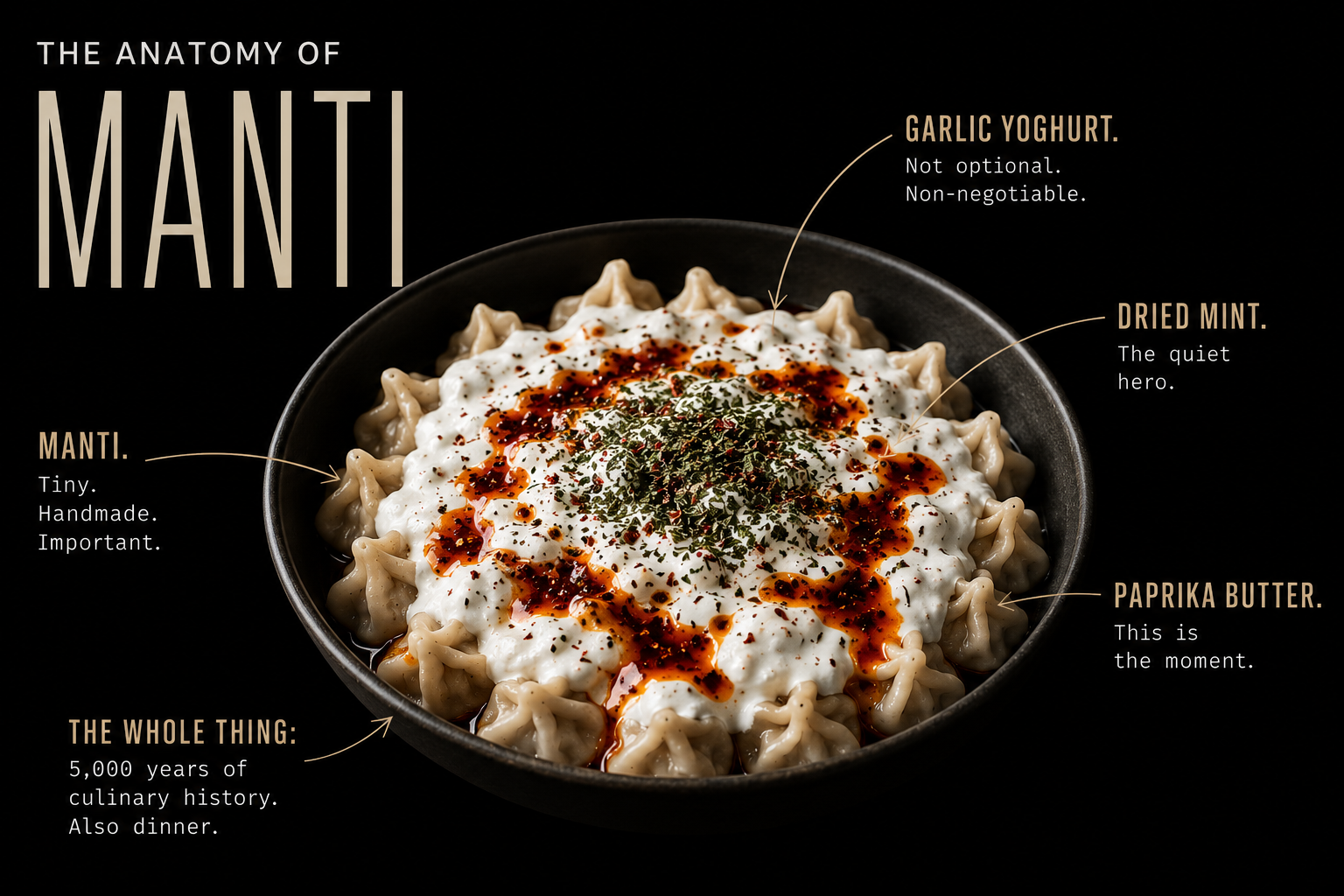 The anatomy of MANTI — garlic yoghurt, dried mint, paprika butter and tiny handmade dumplings